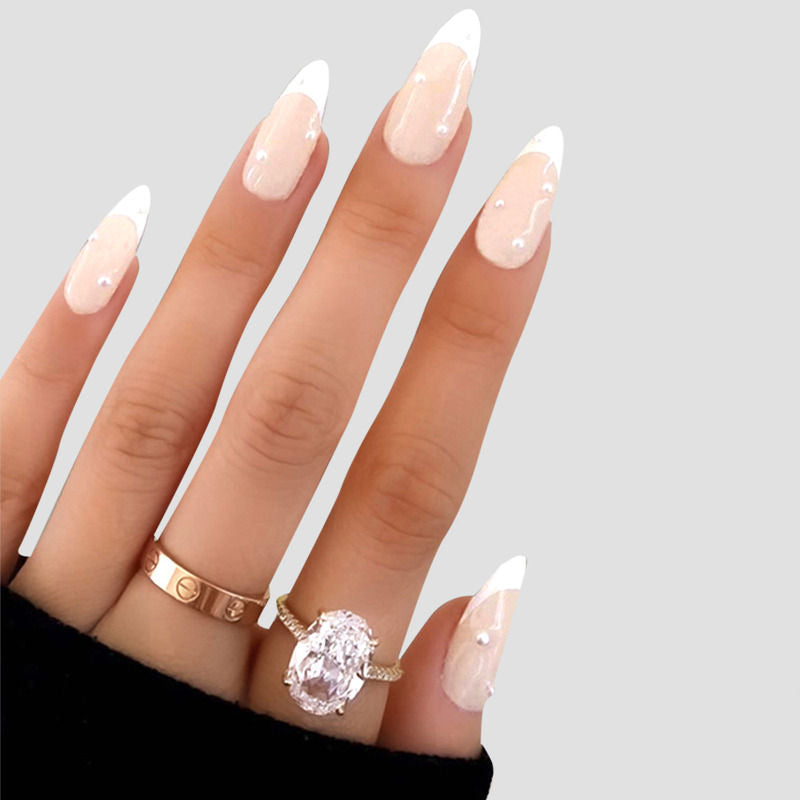 Secret Lives Almond Shape Cream Color with 3D White Pearls Press On Nails