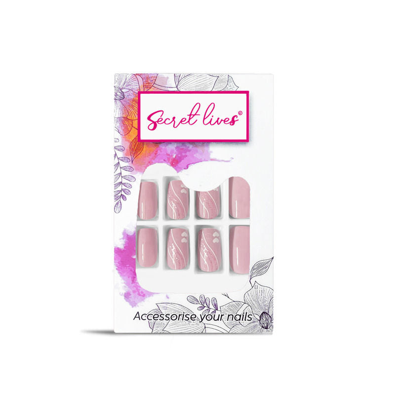 Secret Lives Square Shape Lavendar Pink Color with White Heart Pink Glitter Press On Nails