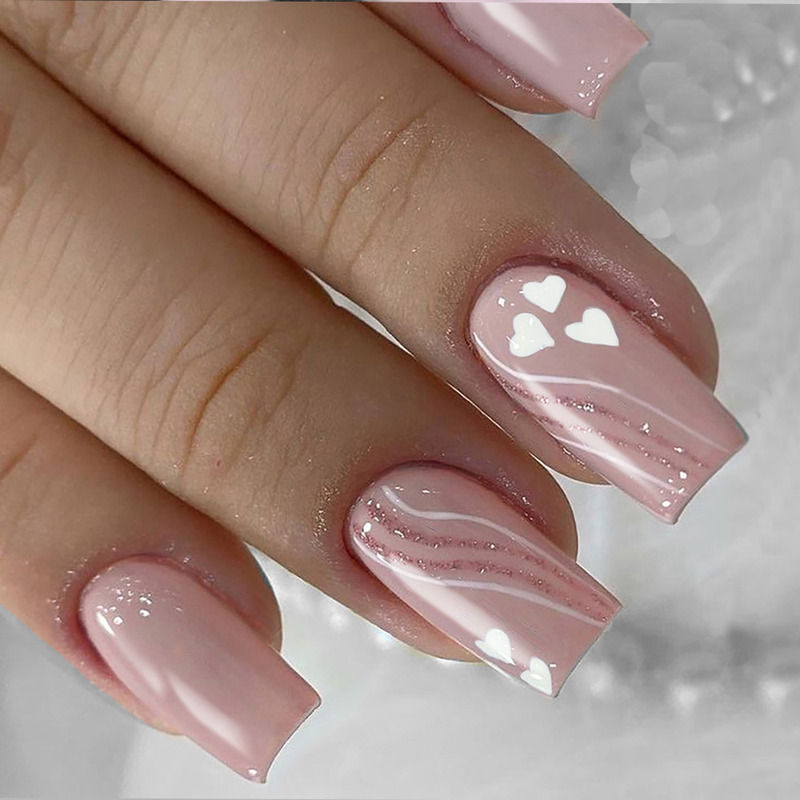 Secret Lives Square Shape Lavendar Pink Color with White Heart Pink Glitter Press On Nails