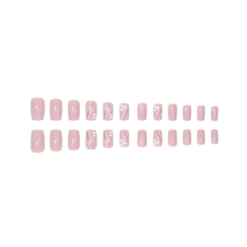 Secret Lives Square Shape Lavendar Pink Color with White Heart Pink Glitter Press On Nails