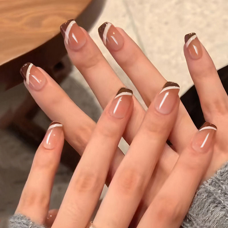 Secret Lives Nude Color with Off White Strips & Brown Tips Press On Nails