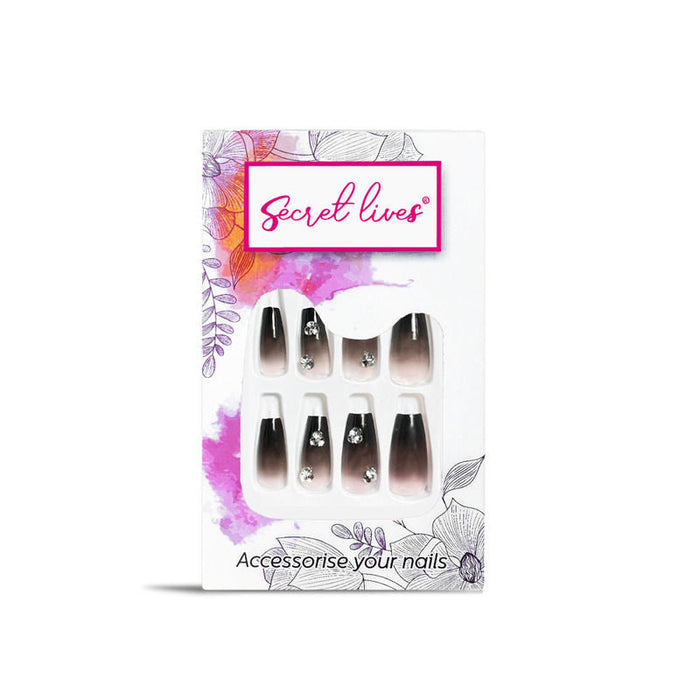 Secret Lives Glossy Black Color with 3D White Stones Press On Nails