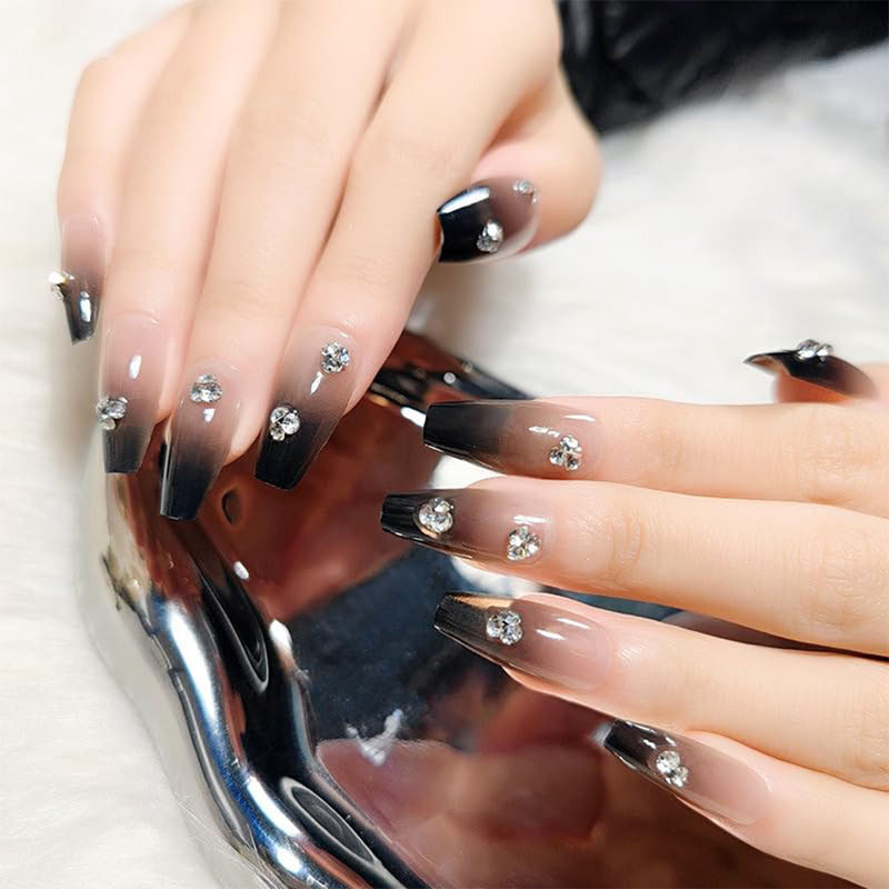 Secret Lives Glossy Black Color with 3D White Stones Press On Nails