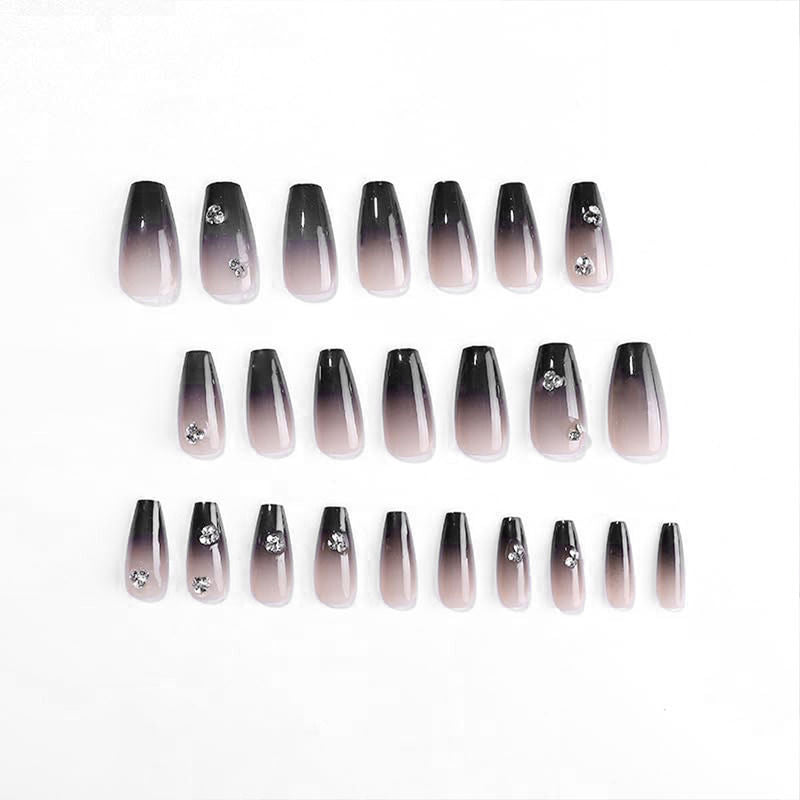 Secret Lives Glossy Black Color with 3D White Stones Press On Nails