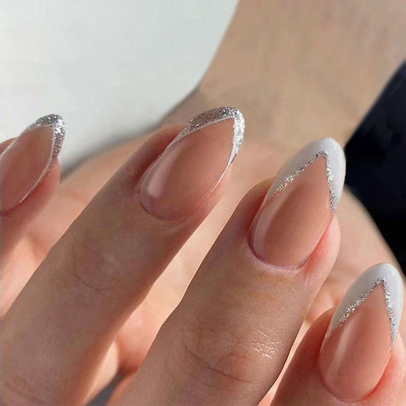 Secret Lives Round Shape White Color with Silver Glitter Design Press On Nails