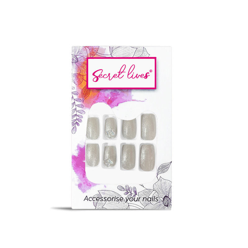 Secret Lives Cats Eye Grey Brown Color with 3D Butterfly Design Press On Nails