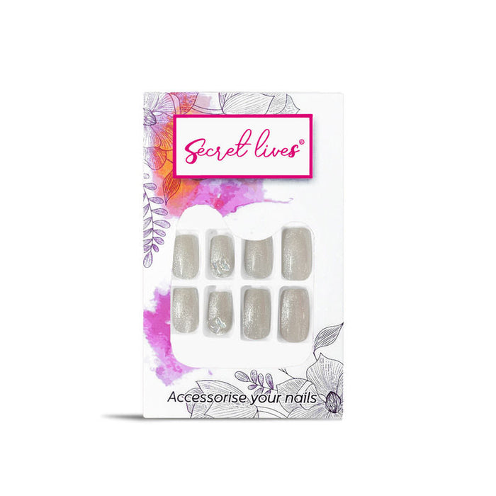Secret Lives Cats Eye Grey Brown Color with 3D Butterfly Design Press On Nails