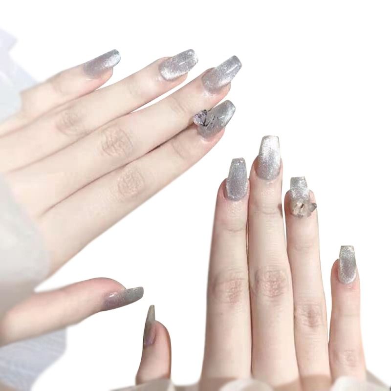 Secret Lives Cats Eye Grey Brown Color with 3D Butterfly Design Press On Nails