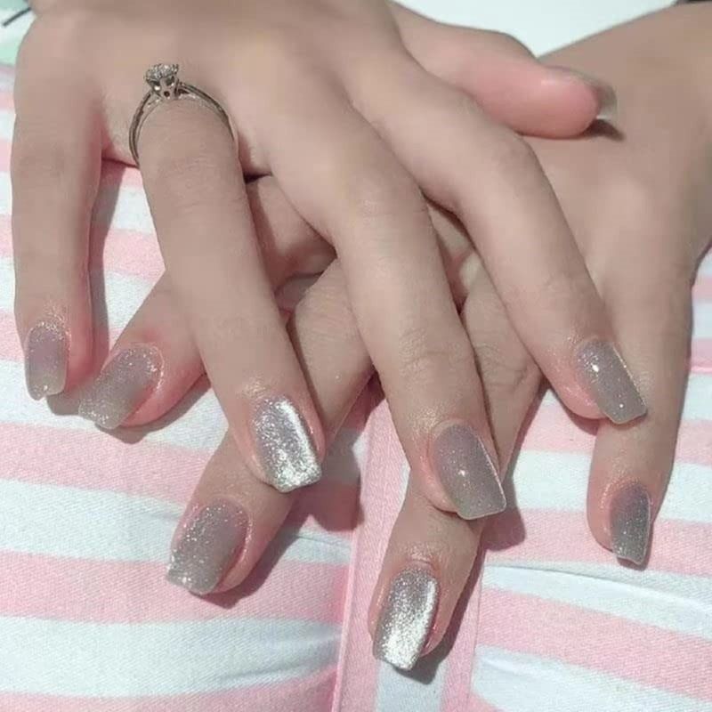 Secret Lives Cats Eye Grey Brown Color with 3D Butterfly Design Press On Nails