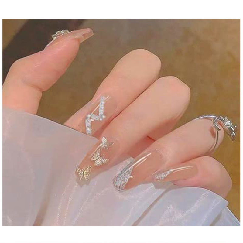 Secret Lives Nude Color 3D Butterfly with Pearl & Glitter Design Press On Nails