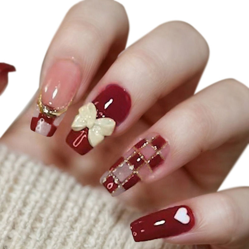 Secret Lives Glossy Translucent Red Color Heart & Check Design with 3D Cream Press On Nails
