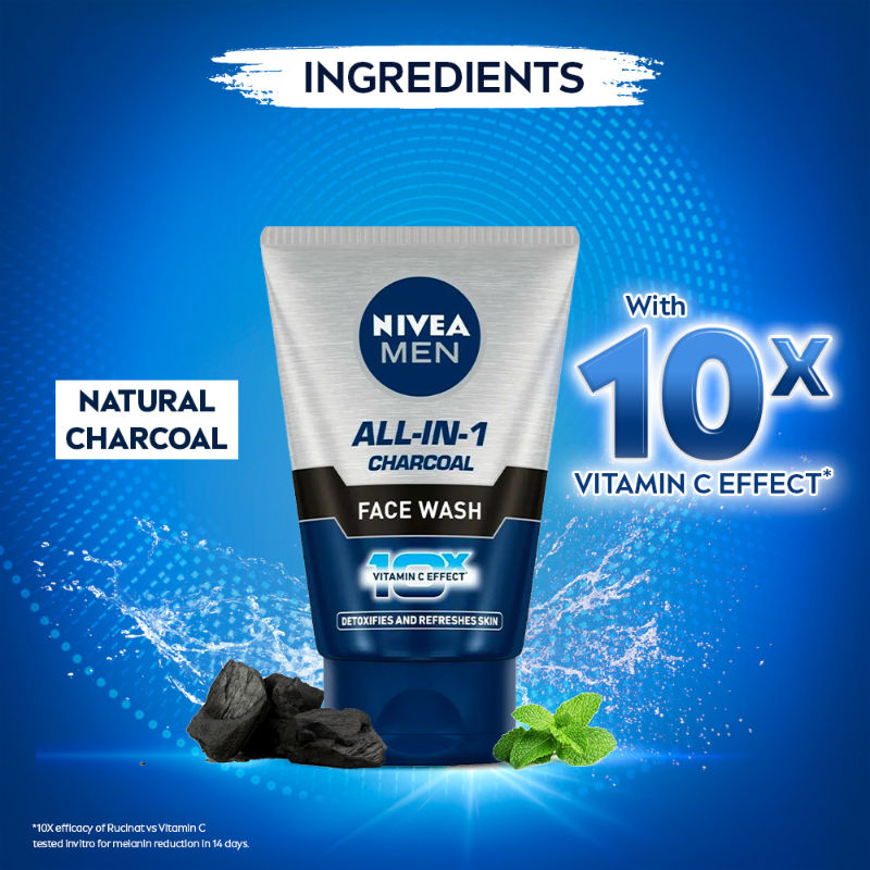 NIVEA MEN Face Wash, All in 1 Charcoal, to Detoxify & Refresh Skin with 10x Vitamin C Effect