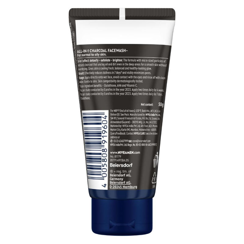 NIVEA MEN Face Wash, All in 1 Charcoal, to Detoxify & Refresh Skin with 10x Vitamin C Effect