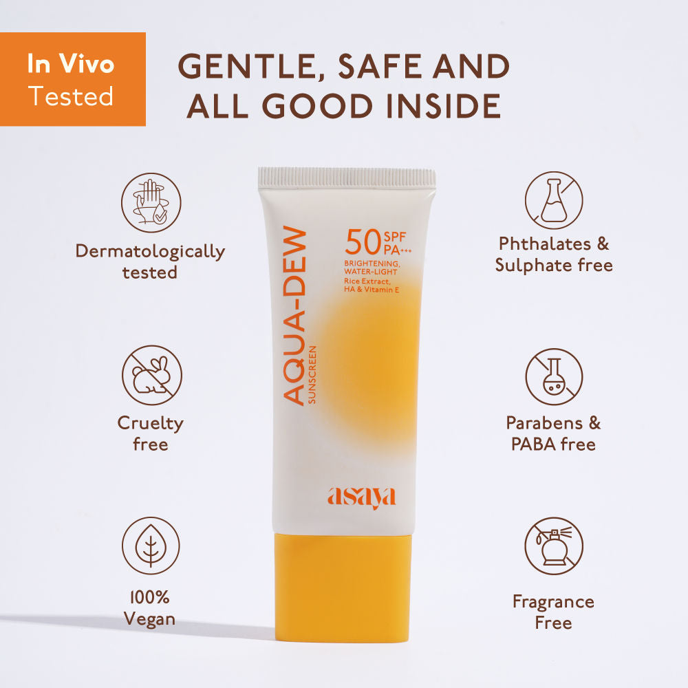 Asaya In-Vivo Tested Dewy Sunscreen SPF 50 Lightweight Water Sunscreen, Vitamin E No White Cast