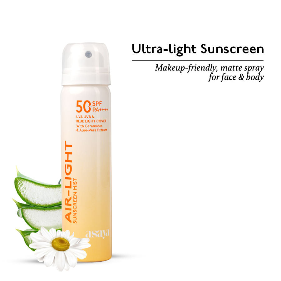 Asaya Airlight Sunscreen Spray SPF 50 PA++++ UVA/B with Ceramides Over Makeup Spray No White Cast