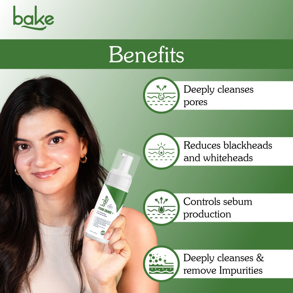 BAKE Pore Erase + Foaming Face Wash for Pore Cleansing, Blackhead Removal & Oil Control