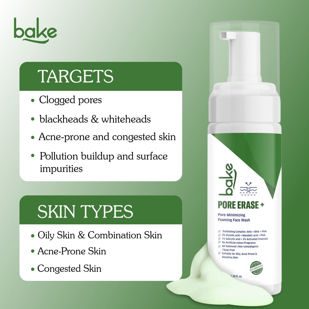 BAKE Pore Erase + Foaming Face Wash for Pore Cleansing, Blackhead Removal & Oil Control
