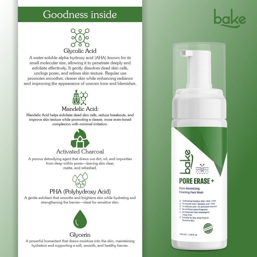 BAKE Pore Erase + Foaming Face Wash for Pore Cleansing, Blackhead Removal & Oil Control