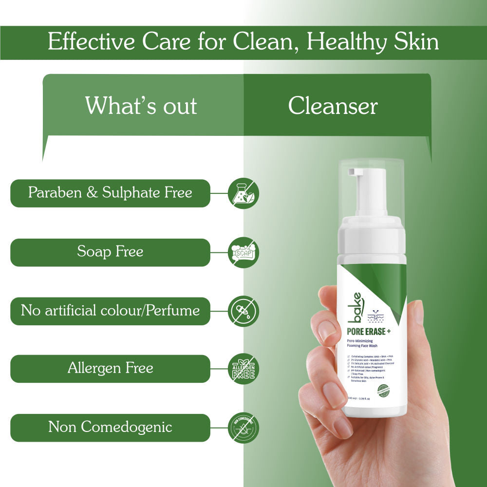 BAKE Pore Erase + Foaming Face Wash for Pore Cleansing, Blackhead Removal & Oil Control