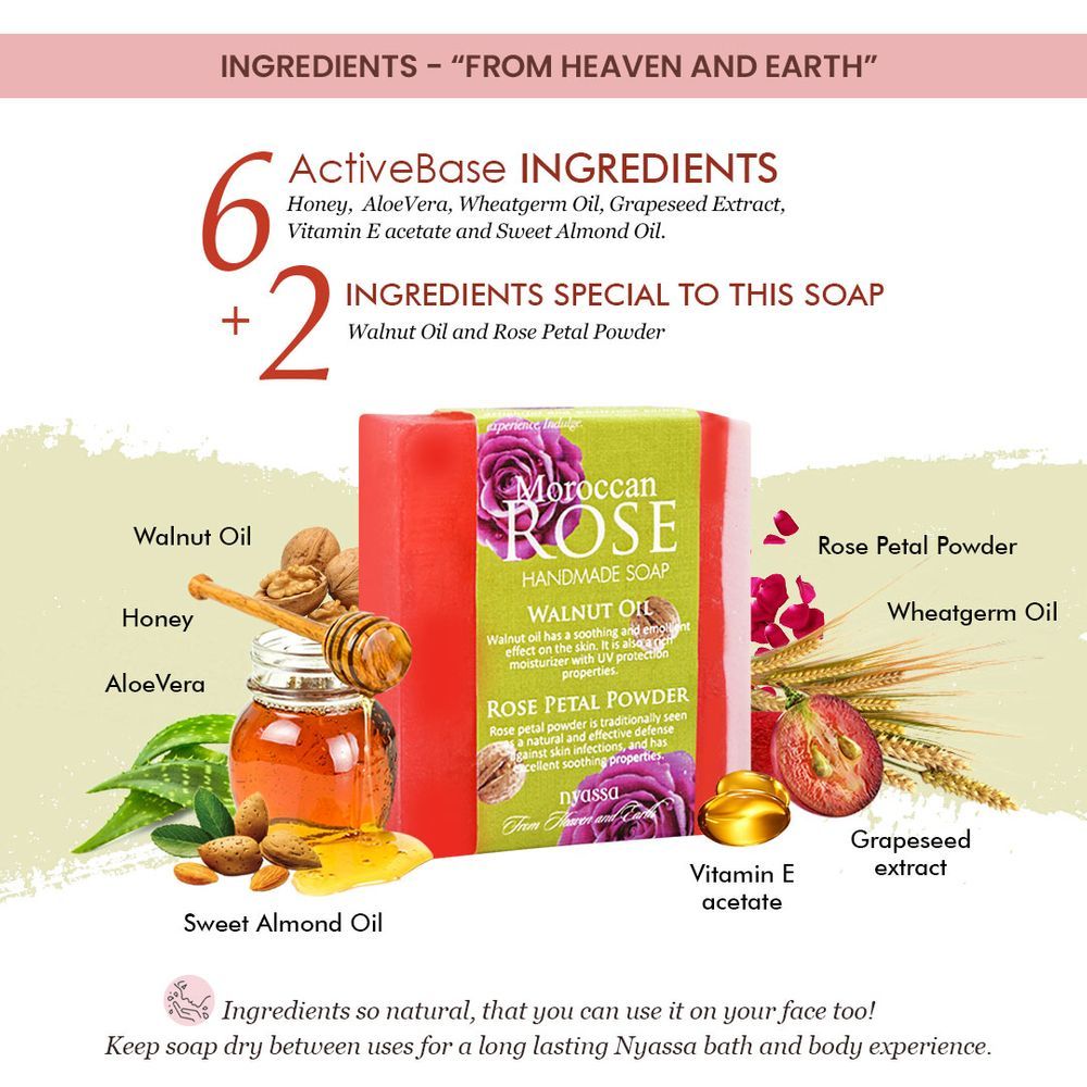 Nyassa Moroccan Rose Soap | Walnut Oil & Rose Powder | Floral Fragrance | 150g