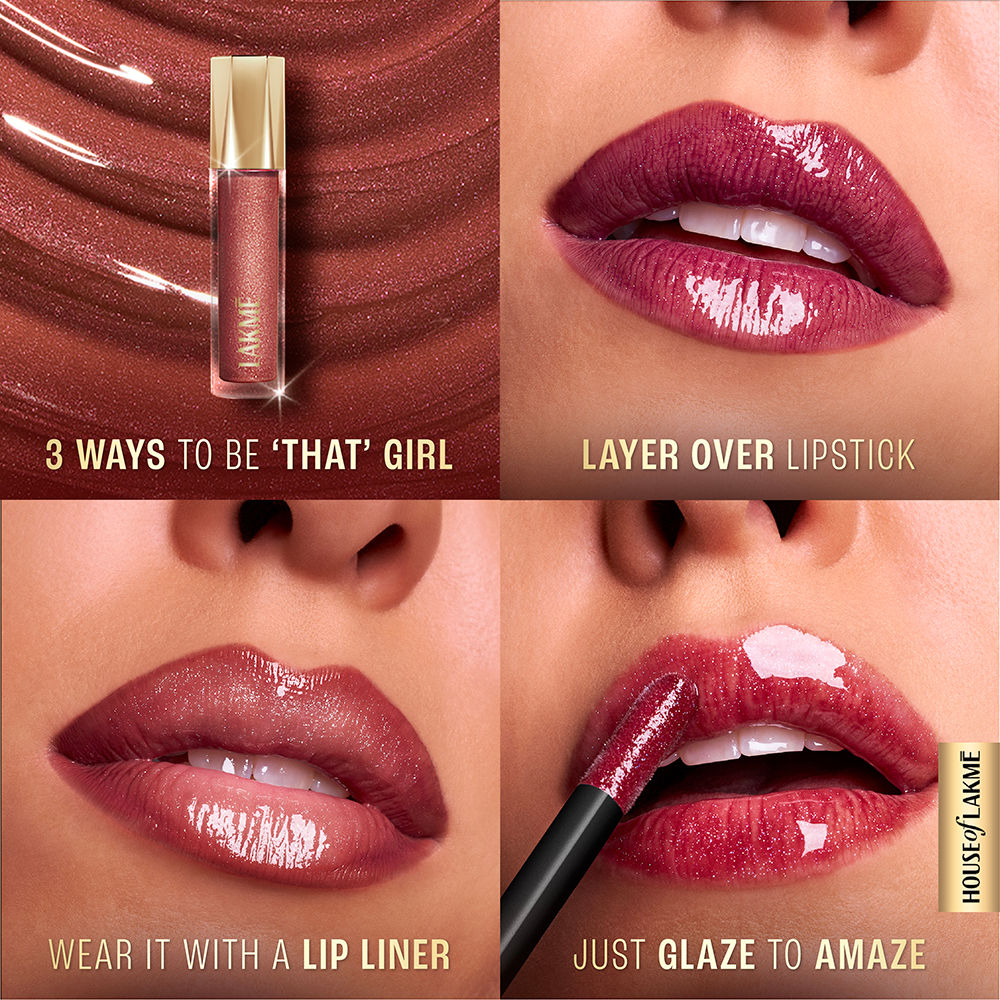 Lakme Glitterati Lip Glaze, High Shine Plumper Lip Gloss Oil with Collagen