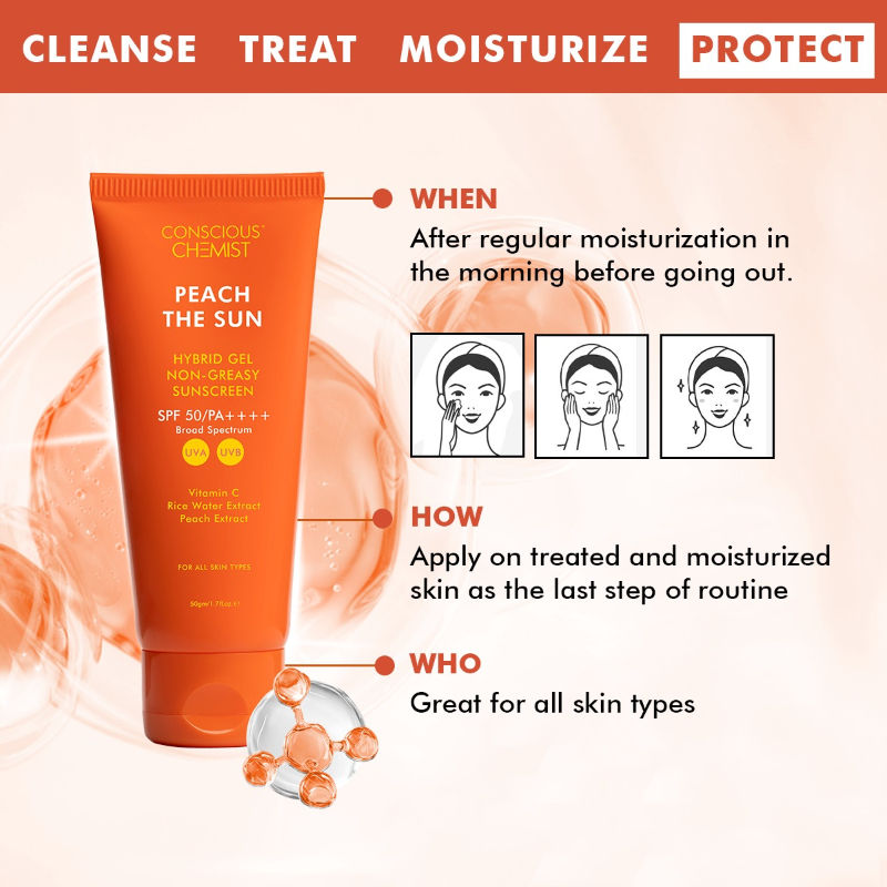 Conscious Chemist Peach Sunscreen SPF 50 PA++++ With Vitamin C And Rice Water Extract
