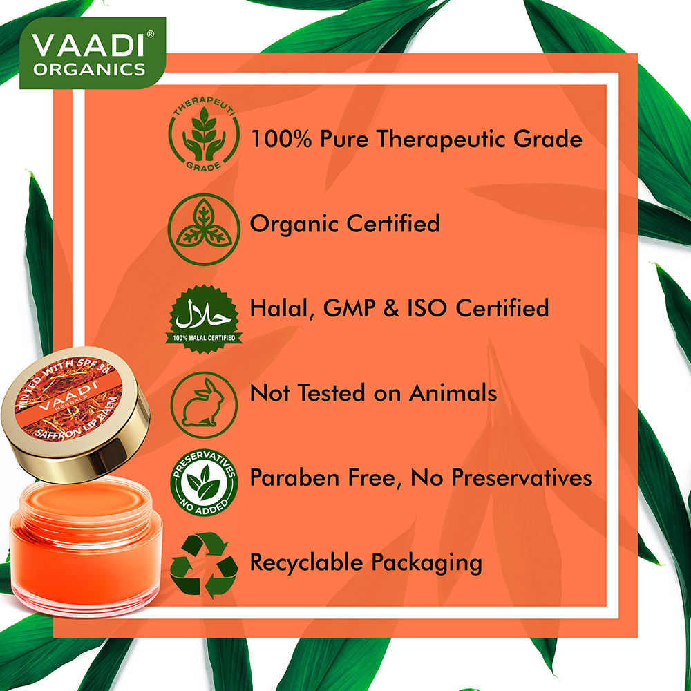 Vaadi Herbals Tinted Saffron Lip Balm with SPF30 for Dry, Chapped & Sun Damaged Lips