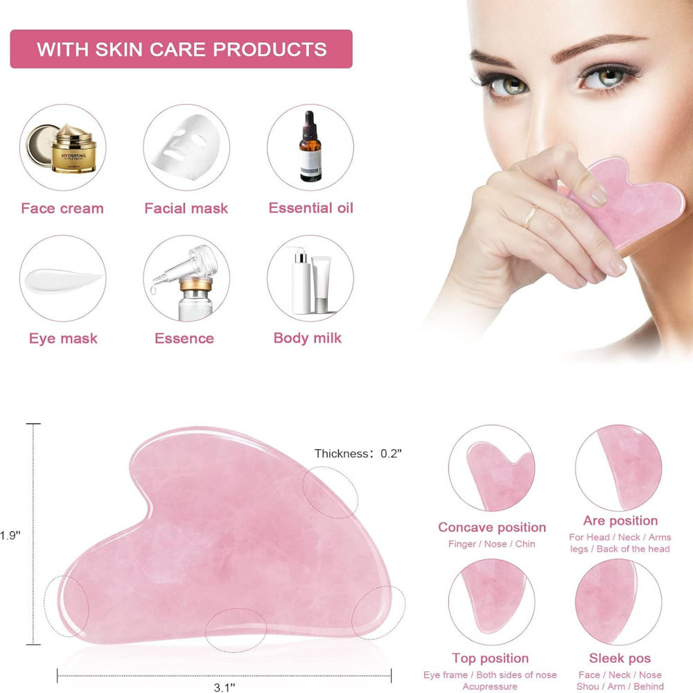 Kayanara Original Rose Quartz Stone Gua Sha For Face, Neck And Under Eye Massager
