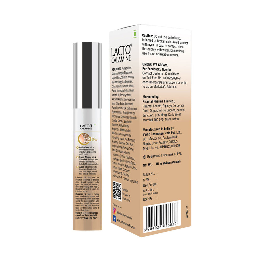 Lacto Calamine Under Eye Cream for Dark Circles, Puffiness with Coffee Oil & Vitamin E