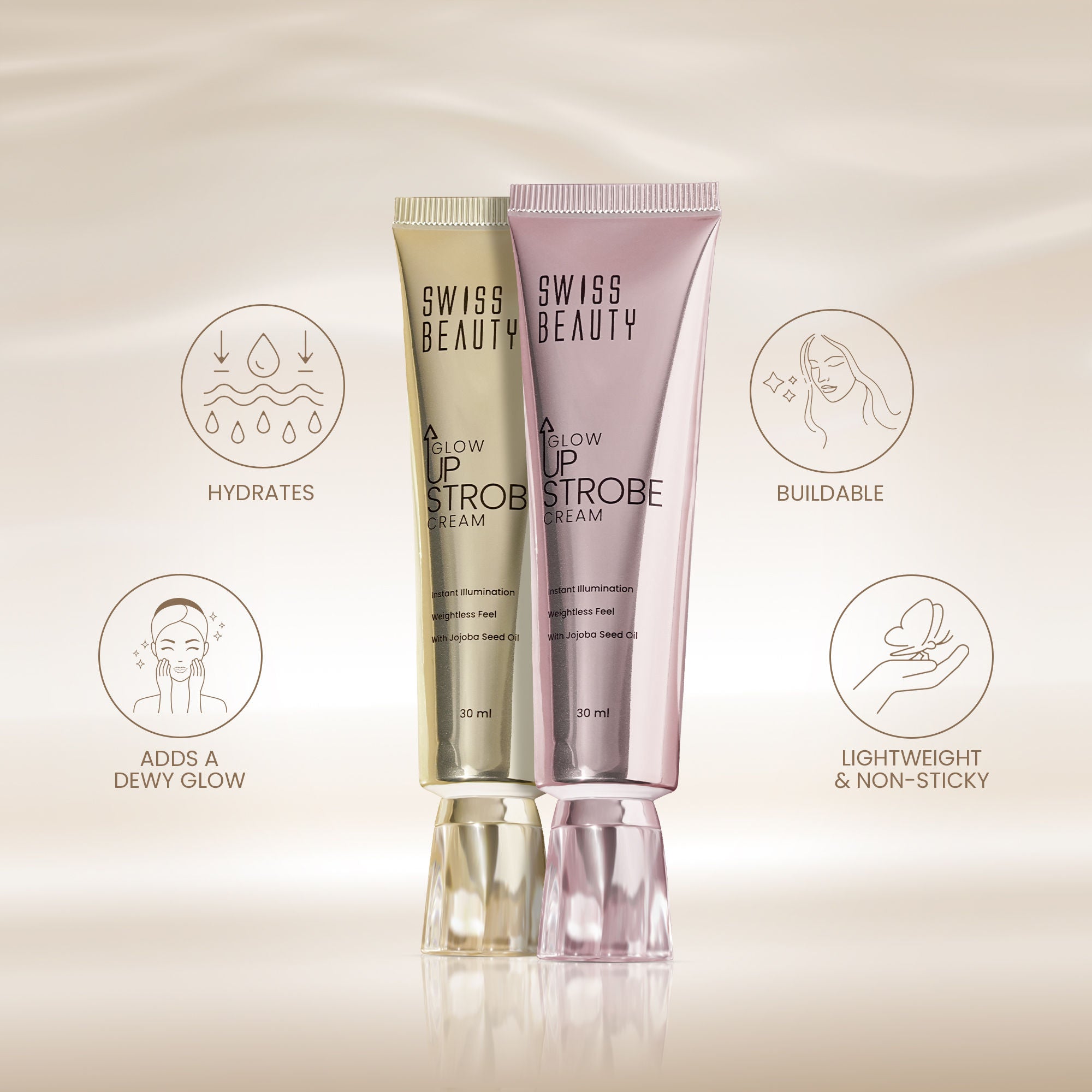 Swiss Beauty Glow Up Strobe Cream, Dewy Radiance, Versatile Use With Jojoba Oil
