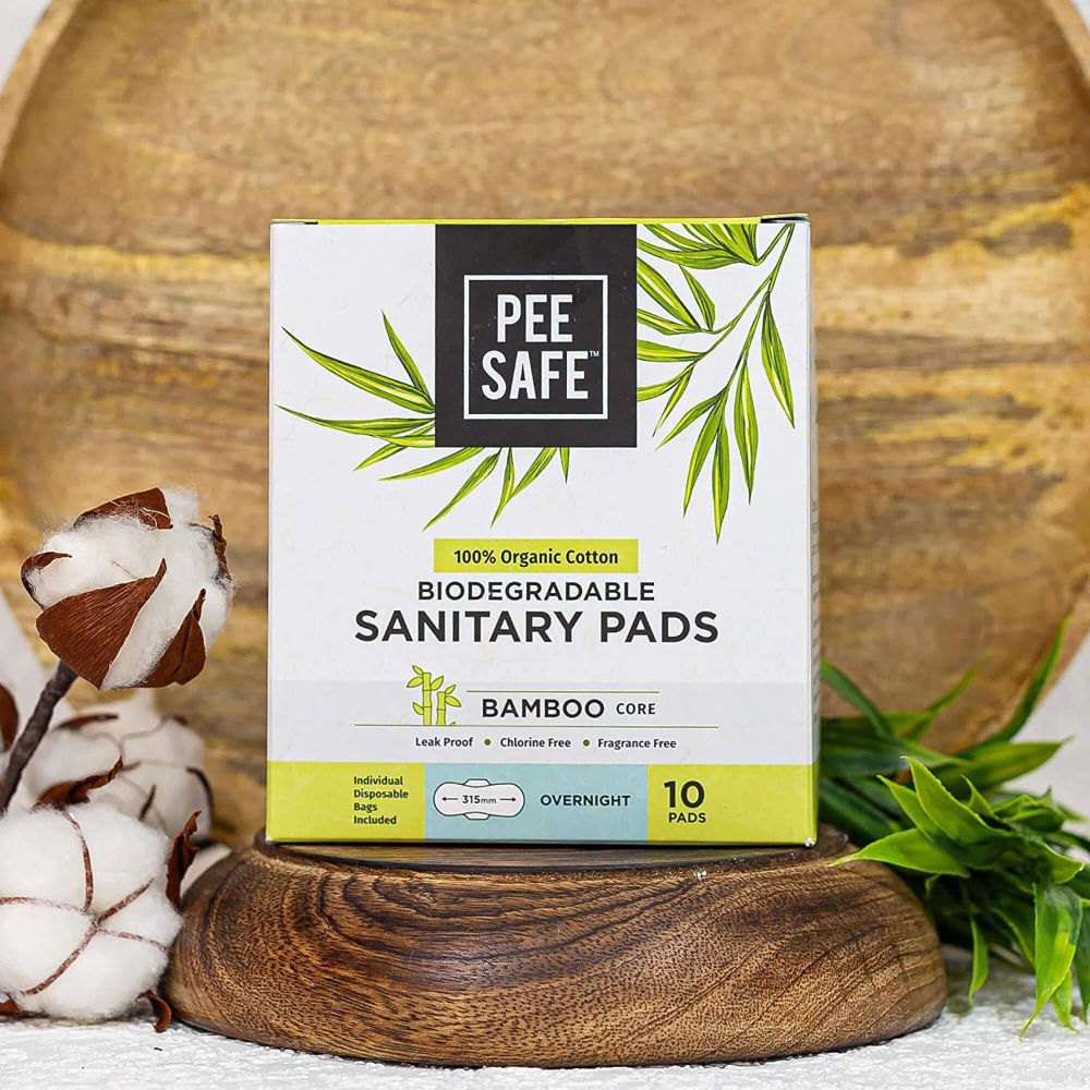 Pee Safe 100% Organic Cotton Biodegradable Sanitary Pads Leak Proof, Soft And Rash Free Period Protection 312mm Bamboo Core Overnight