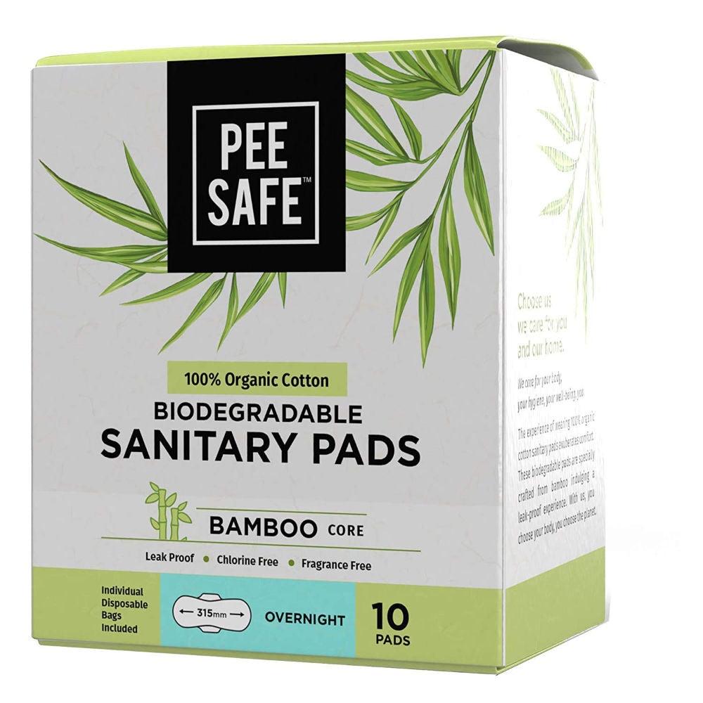 Pee Safe 100% Organic Cotton Biodegradable Sanitary Pads Leak Proof, Soft And Rash Free Period Protection 312mm Bamboo Core Overnight
