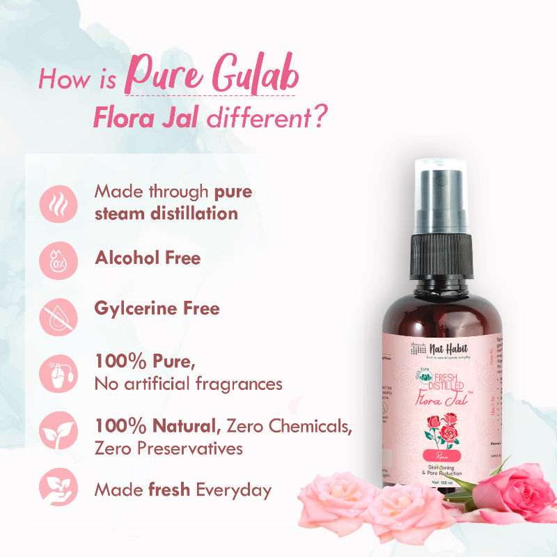 Nat Habit Gulab Jal 100% Pure Rose Water, Face Mist (Toner) for Pore Tightening, Acne & Hydration