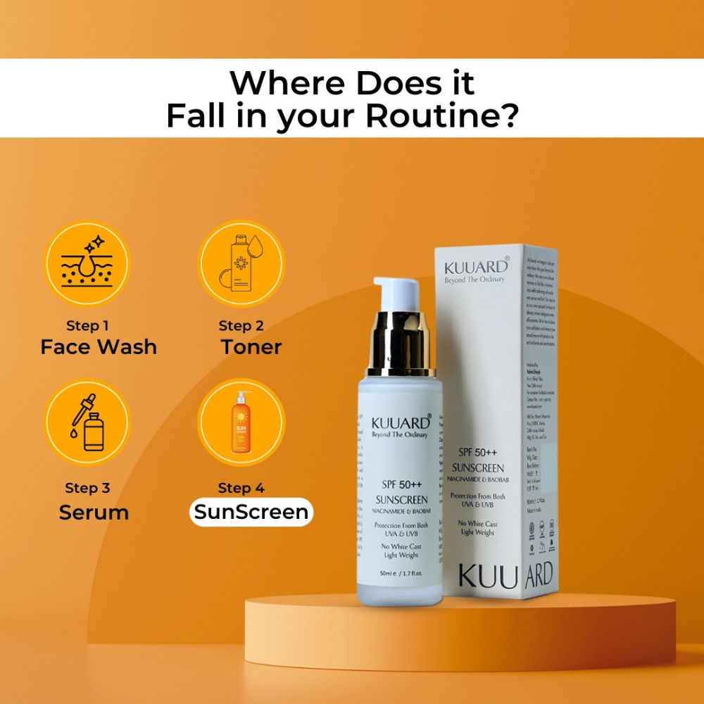 KUUARD Niacinamide Sunscreen SPF 50 PA++++ - Non-Sticky, Oil Control with Baobab