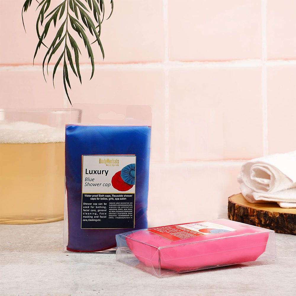 BodyHerbals Reusable Shower Caps For Women & Men 100% Water Proof, Blue And Pink