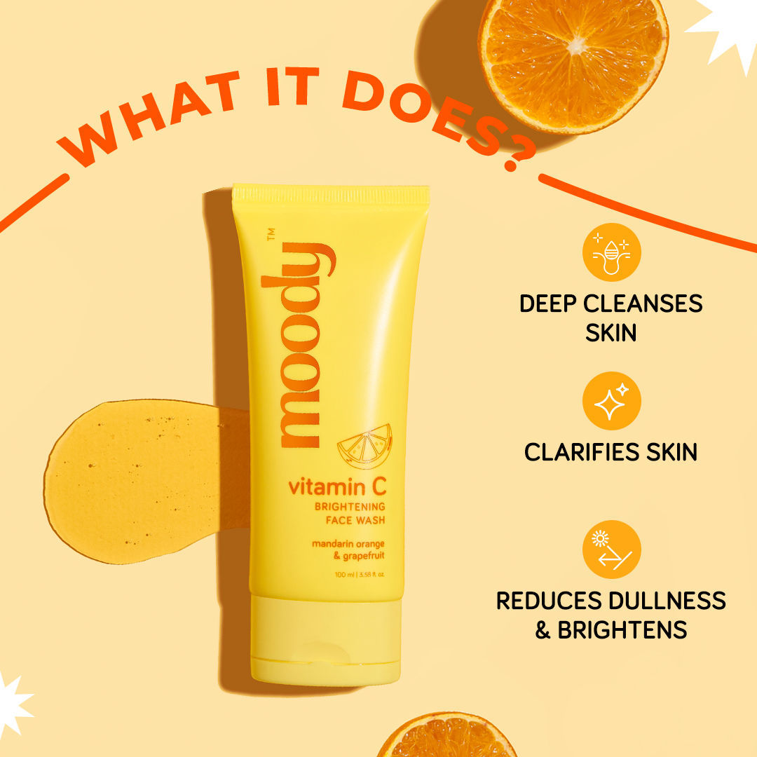Moody Vitamin C Brightening Face Wash Cleanser With Niacinamide, AHA Grapefruit For Glowing Skin