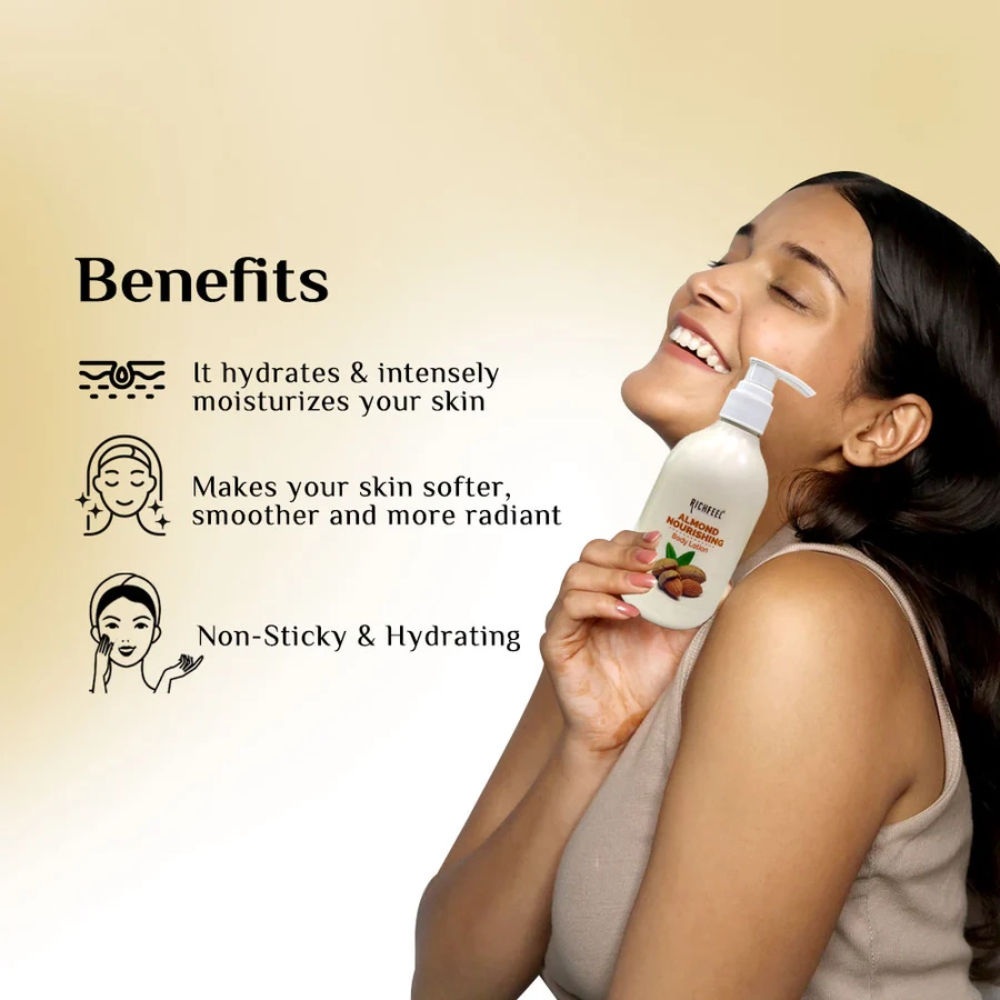 Richfeel Almond Body Lotion with 2X Almond Oil for Deep Moisturization & Smooth, Healthy Skin