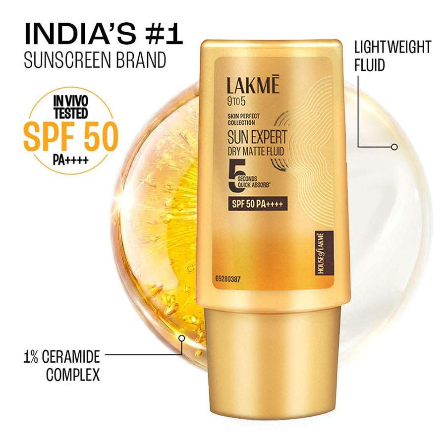 Lakme Sun Expert Dry Matte Fluid SPF 50++++ Sunscreen with 1% Niac & Ceramide for Oily Skin