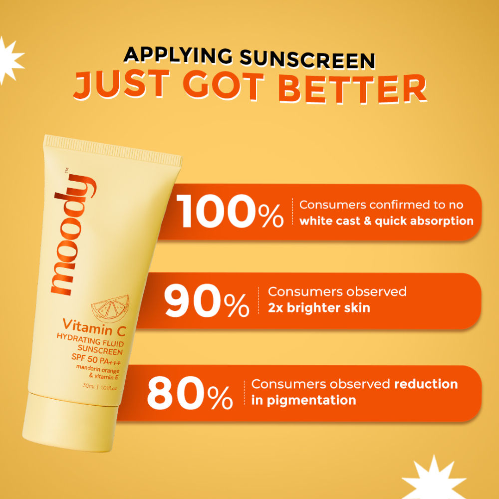 Moody Vitamin C Sunscreen With SPF 50 PA+++ For Dull Hyperpigmented Skin, Lightweight No Whitecast