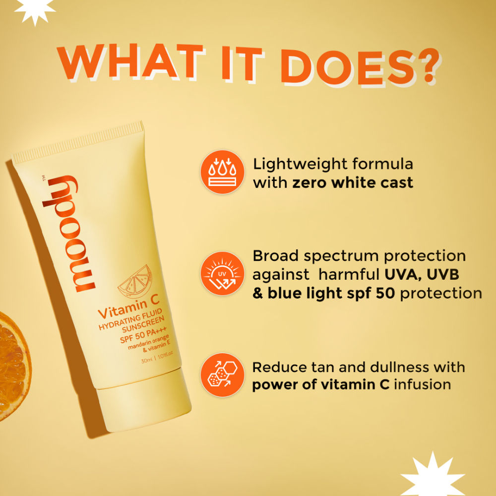 Moody Vitamin C Sunscreen With SPF 50 PA+++ For Dull Hyperpigmented Skin, Lightweight No Whitecast
