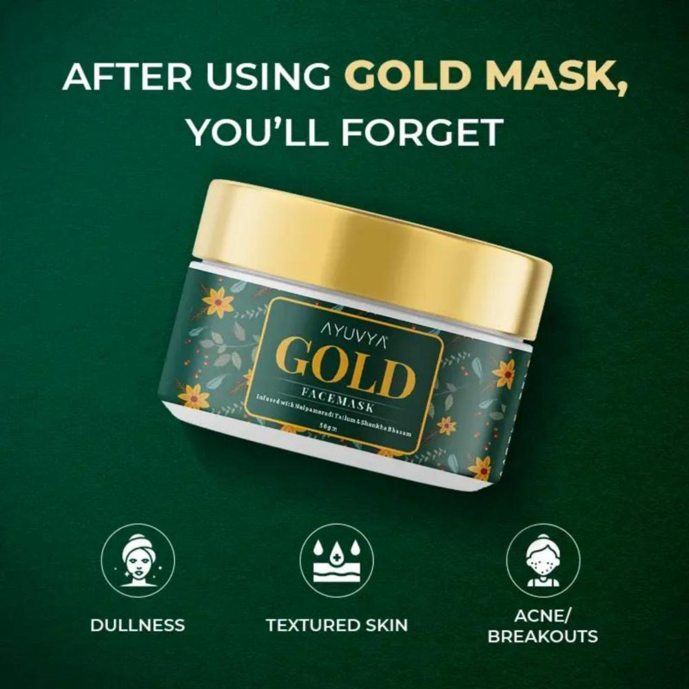 AYUVYA Gold Face Mask For Glowing Skin, Acne Reduction & Dead Skin Cell Removal For All Skin Type