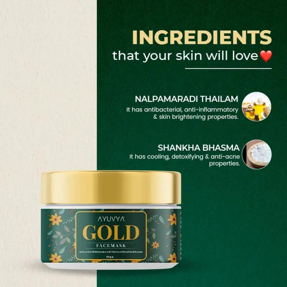 AYUVYA Gold Face Mask For Glowing Skin, Acne Reduction & Dead Skin Cell Removal For All Skin Type
