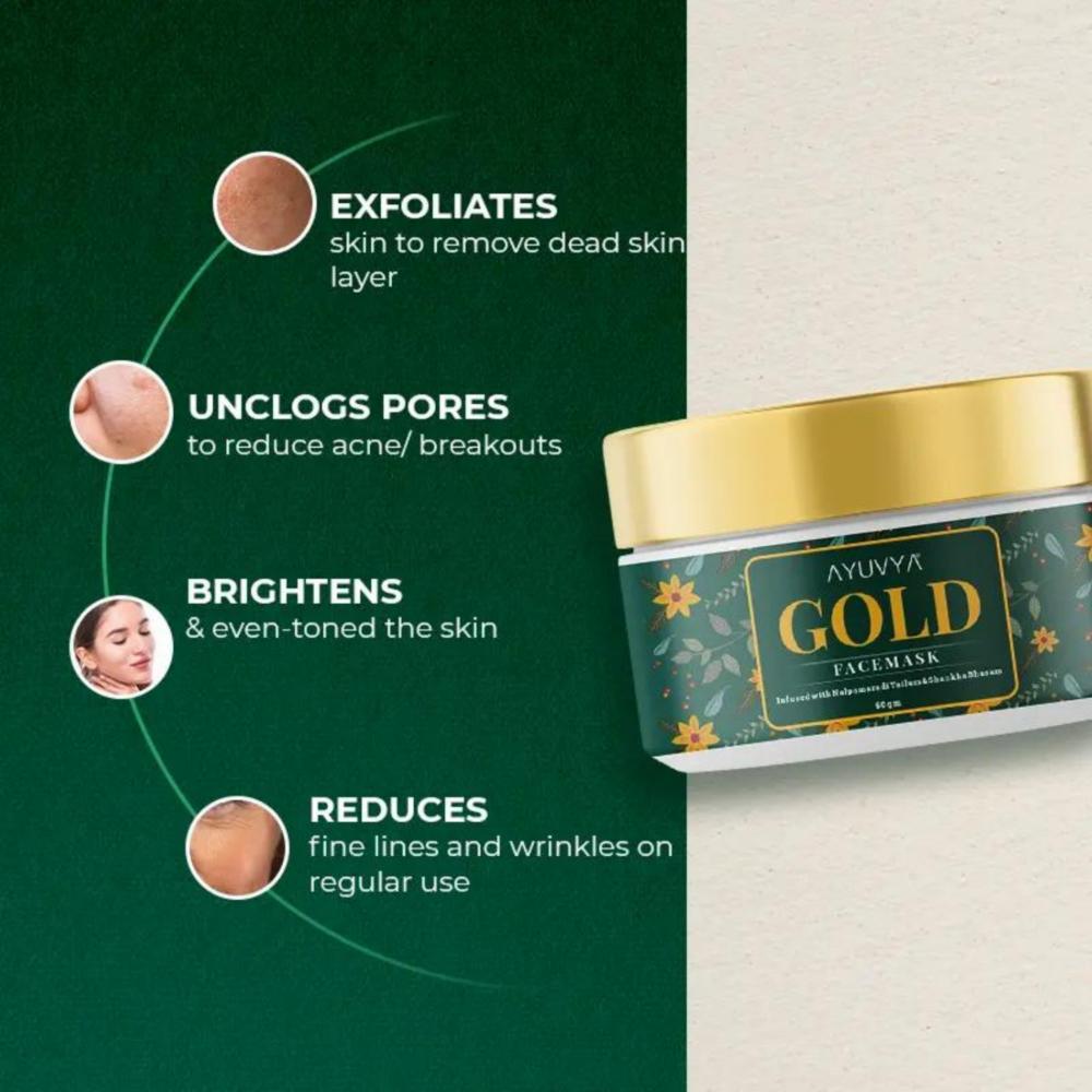 AYUVYA Gold Face Mask For Glowing Skin, Acne Reduction & Dead Skin Cell Removal For All Skin Type