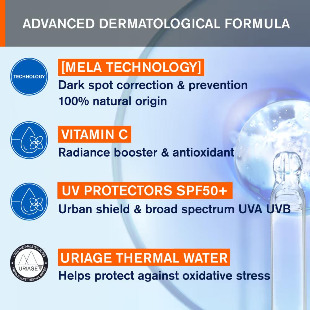 Uriage Depiderm Anti-Dark Spot Day Face Cream SPF 50+ Vitamin C Reduces Melasma Boosts Radiance