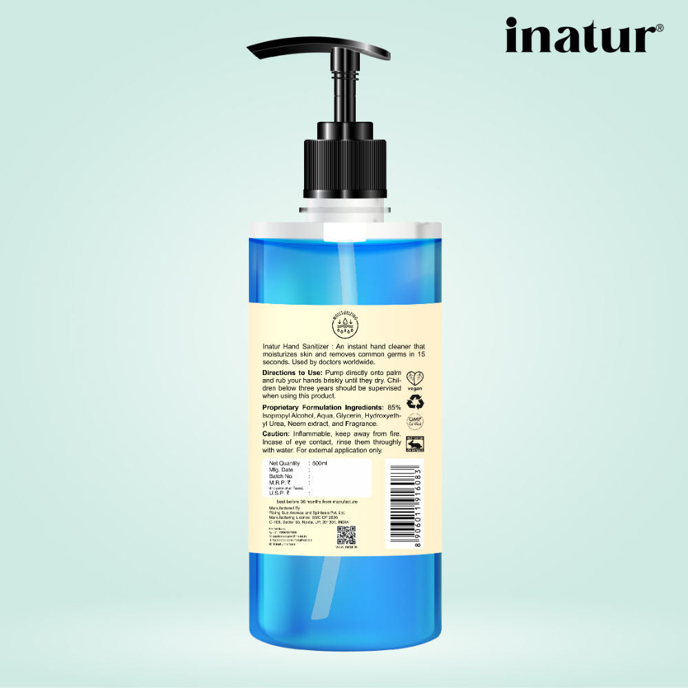 inatur Hand Sanitizer Gel With 85% Alcohol, Neem & Glycerin, Kills 99.9% Germs & Quick-Dry, Kids Safe