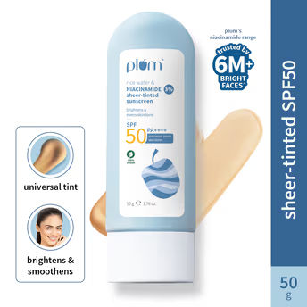 Plum Rice Water & 3% Niacinamide Sheer Tinted Sunscreen With SPF 50 PA++++, For Oily ToDrySkin