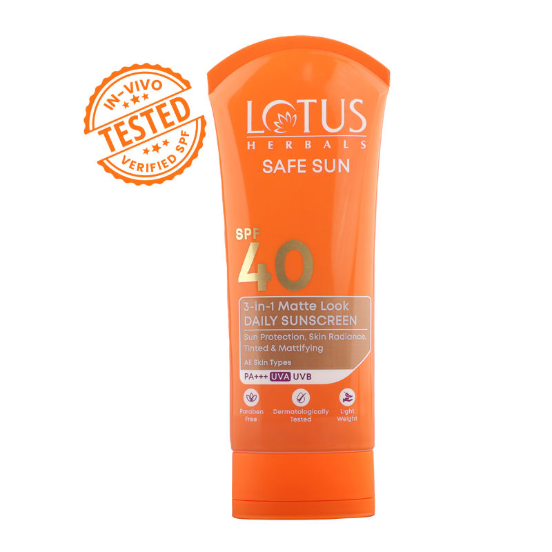 Lotus Herbals SafeSun 3in1 Matte Look Daily Sunscreen SPF 40 PA+++ ,Tinted & Dermatologically Free