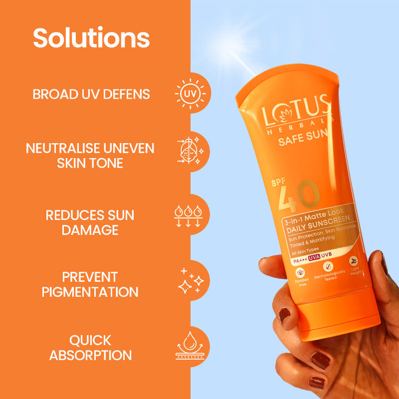 Lotus Herbals SafeSun 3in1 Matte Look Daily Sunscreen SPF 40 PA+++ ,Tinted & Dermatologically Free