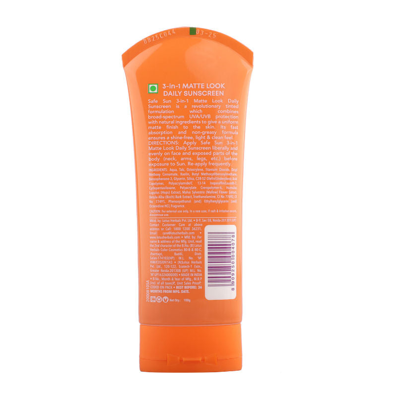 Lotus Herbals SafeSun 3in1 Matte Look Daily Sunscreen SPF 40 PA+++ ,Tinted & Dermatologically Free