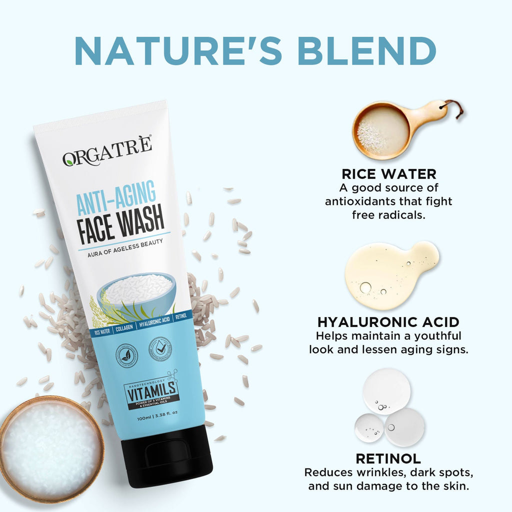 Orgatre Anti-Aging Face Wash With Rice Water, Collagen, Hyaluronic Acid & Retinol For Youthful Skin